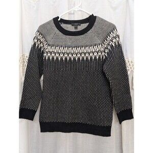 J.CREW Fair Island Sweater Knitted Merino Wool Black Blue White Crewneck, Small